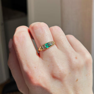 Victorian Emerald and Old Cut Diamond Three Stone Ring