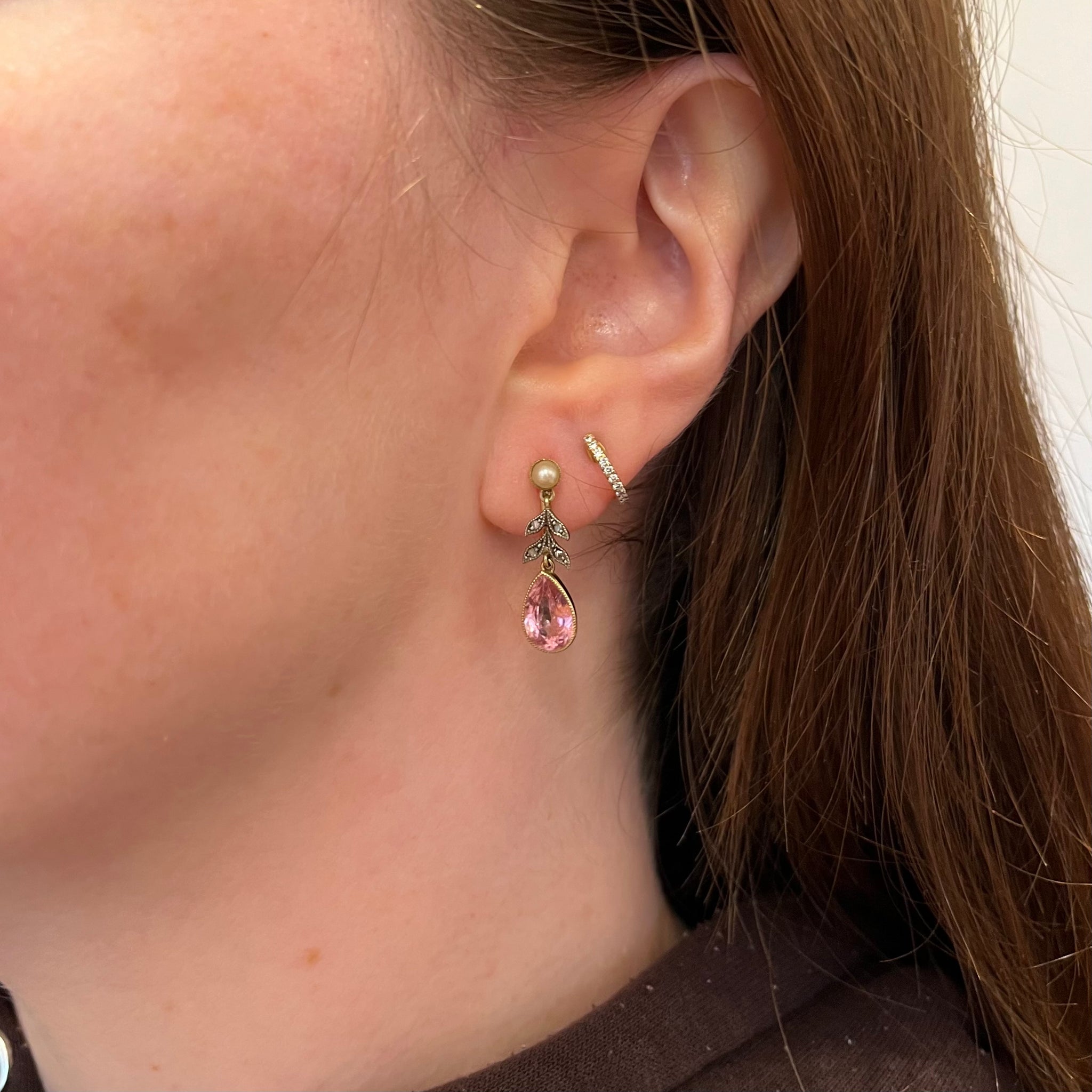 Edwardian Pink Tourmaline, Diamond and Pearl Drop Earrings