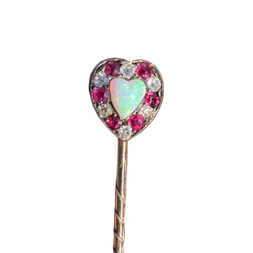 RESERVED Victorian Ruby, Diamond and Opal Heart Pin