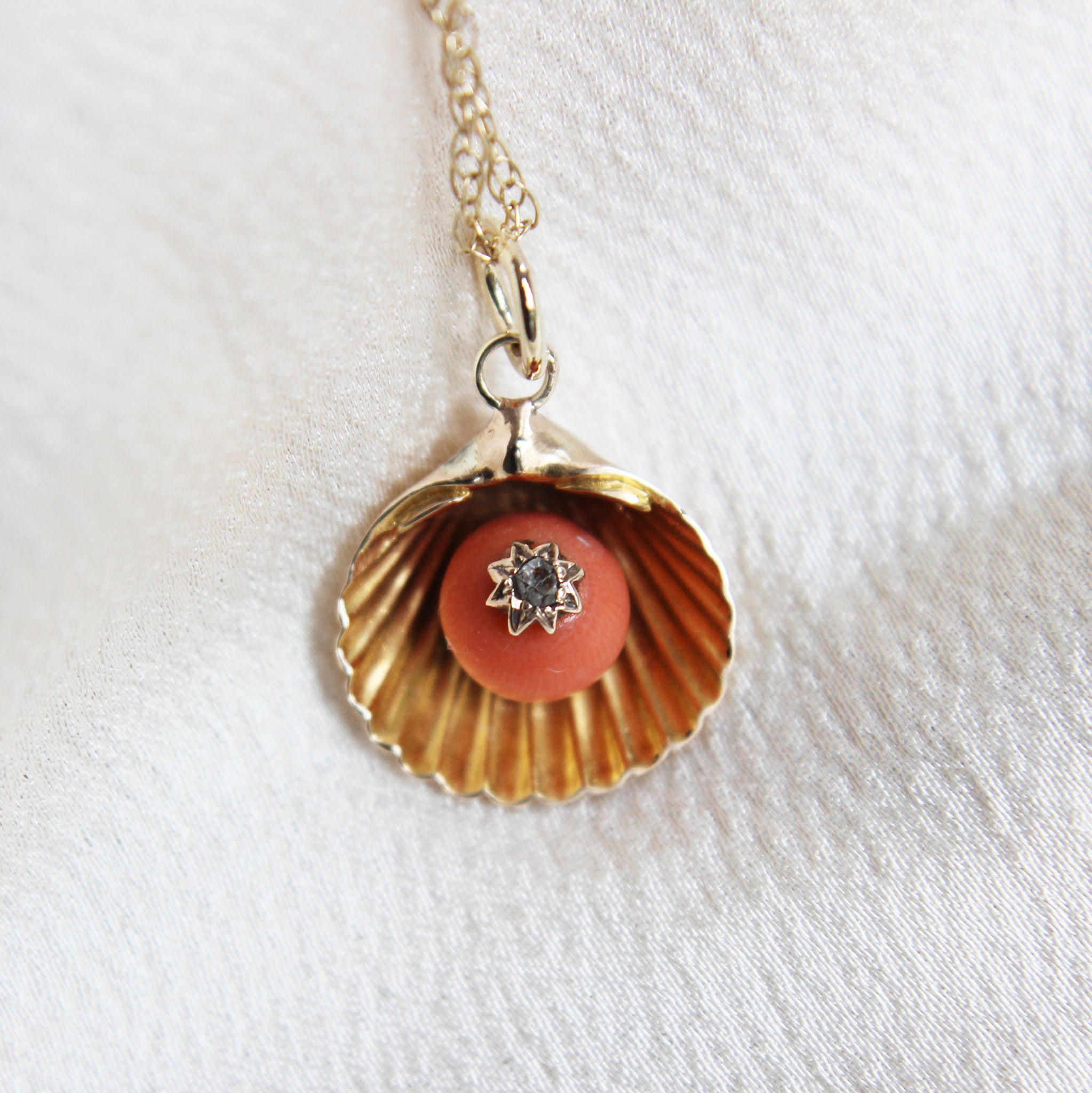 Victorian Coral and Diamond Shell Pendant