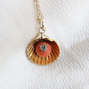 Victorian Coral and Diamond Shell Pendant