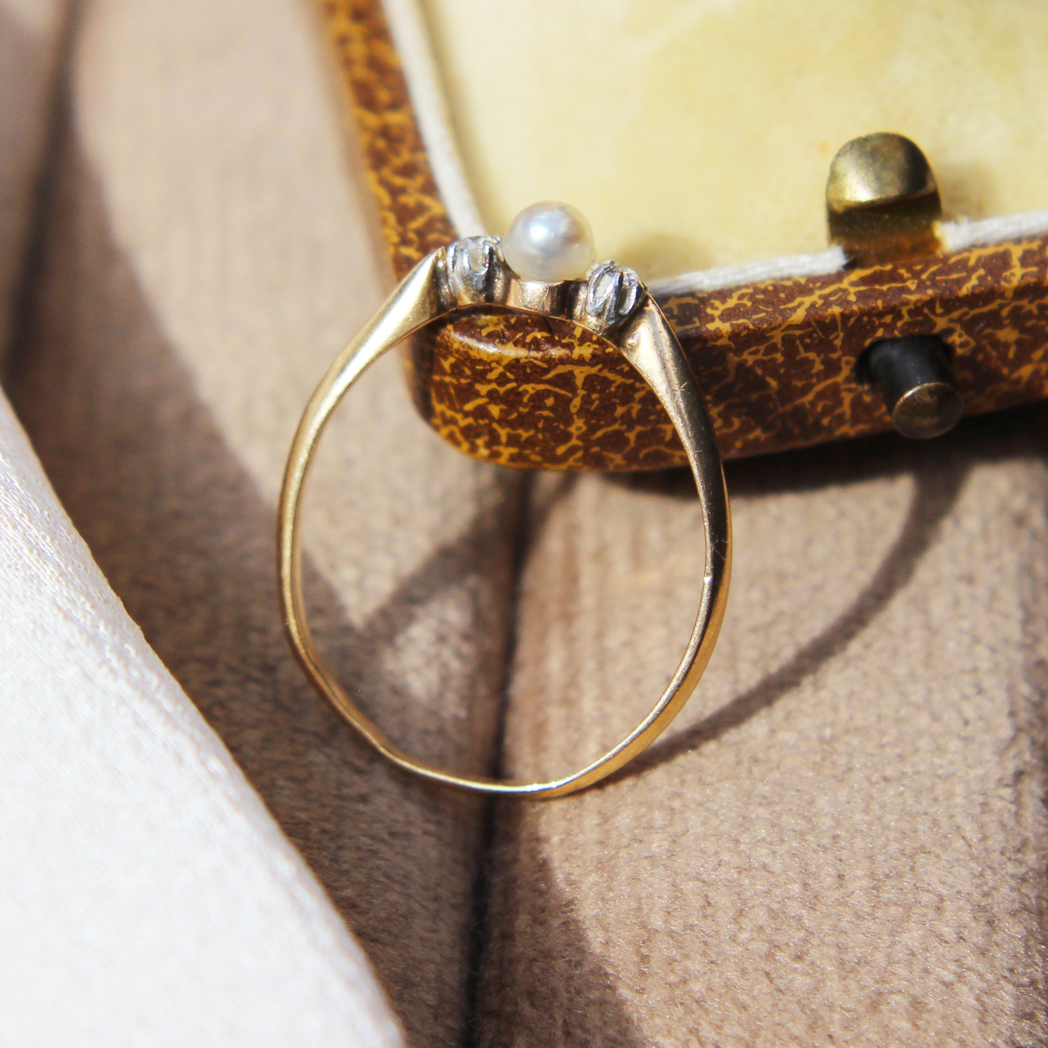 Victorian Pearl and Old Cut Diamond Three Stone Ring
