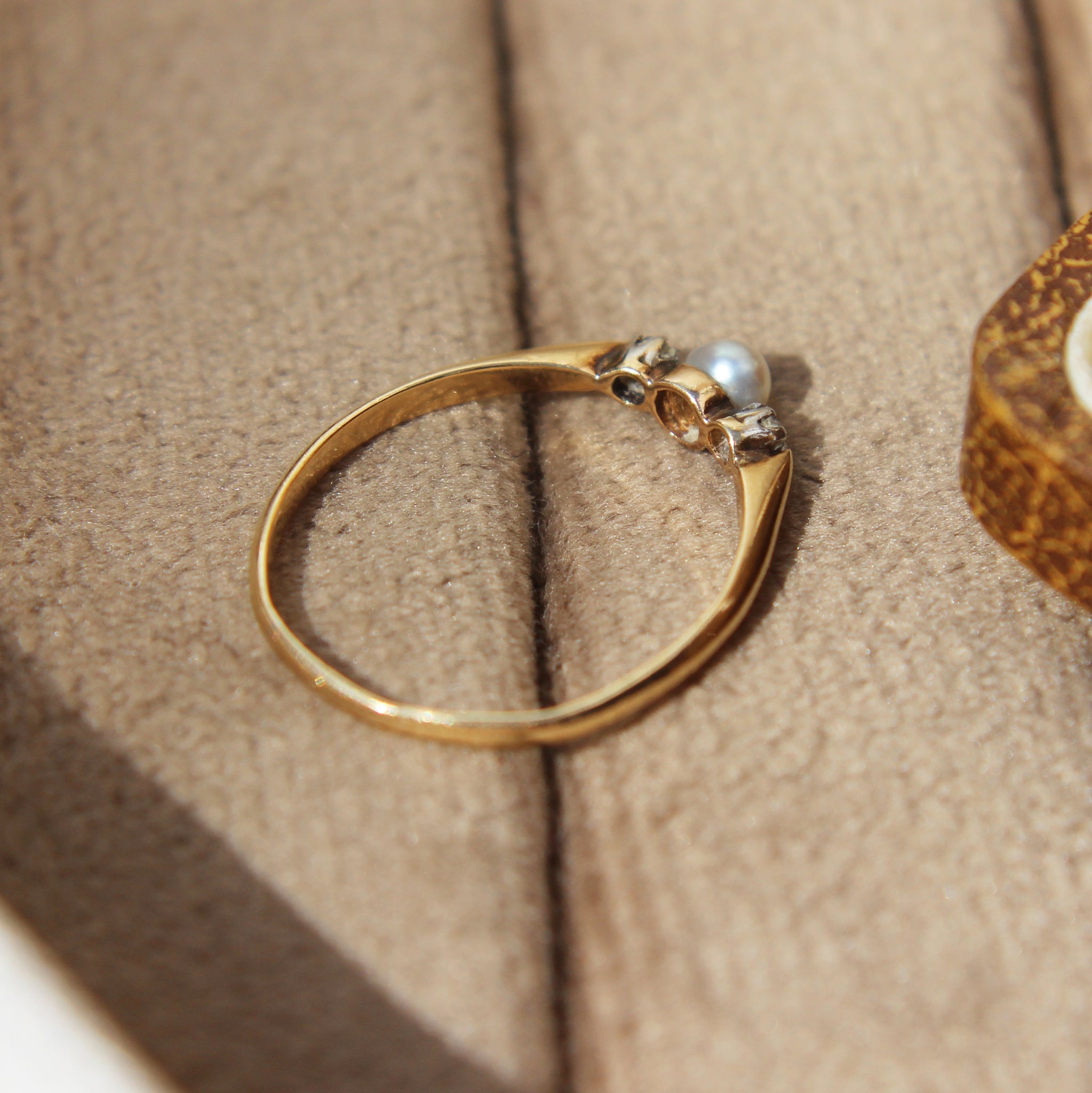 Victorian Pearl and Old Cut Diamond Three Stone Ring