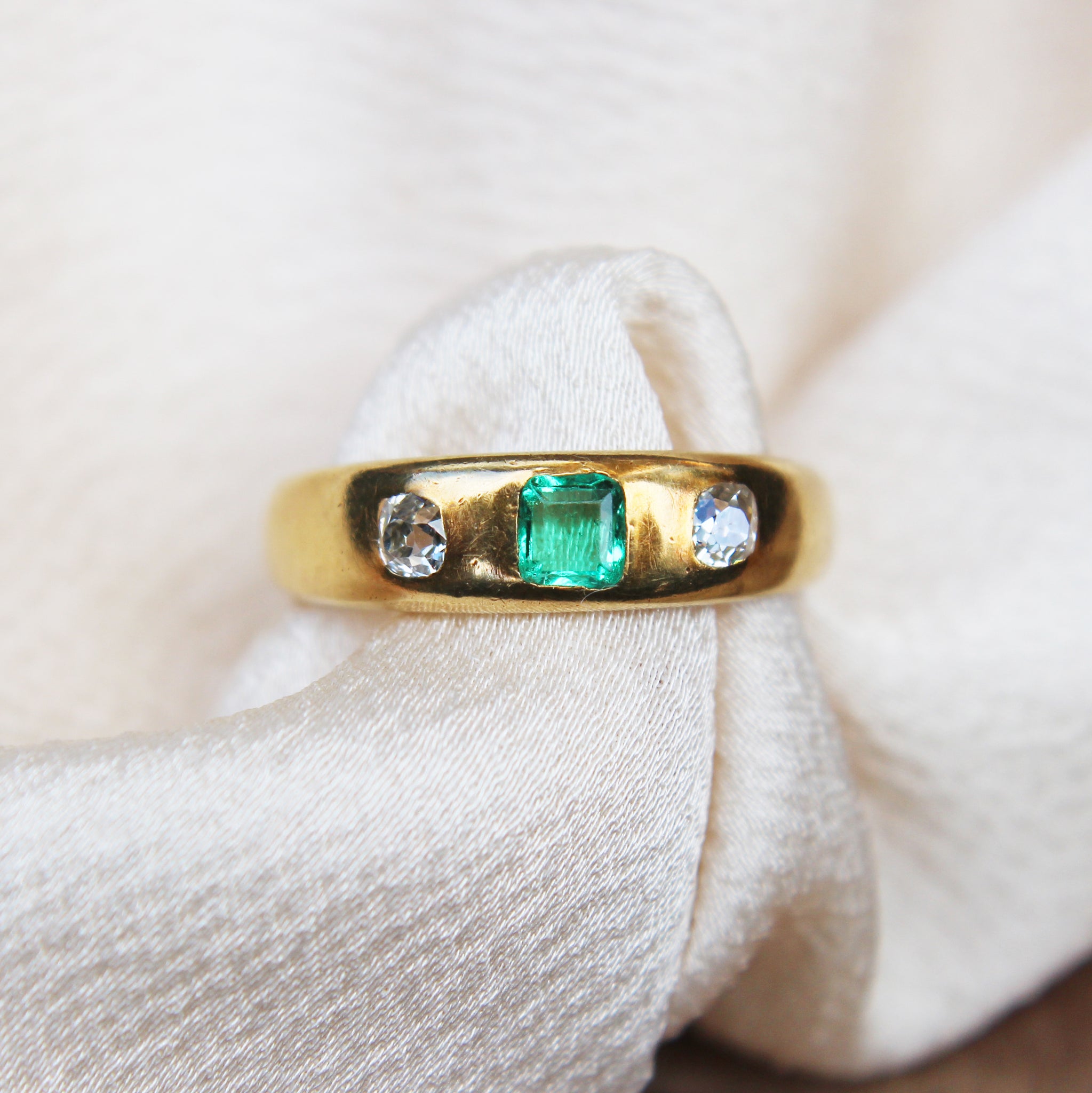 Victorian Colombian Emerald and Diamond Three Stone Ring