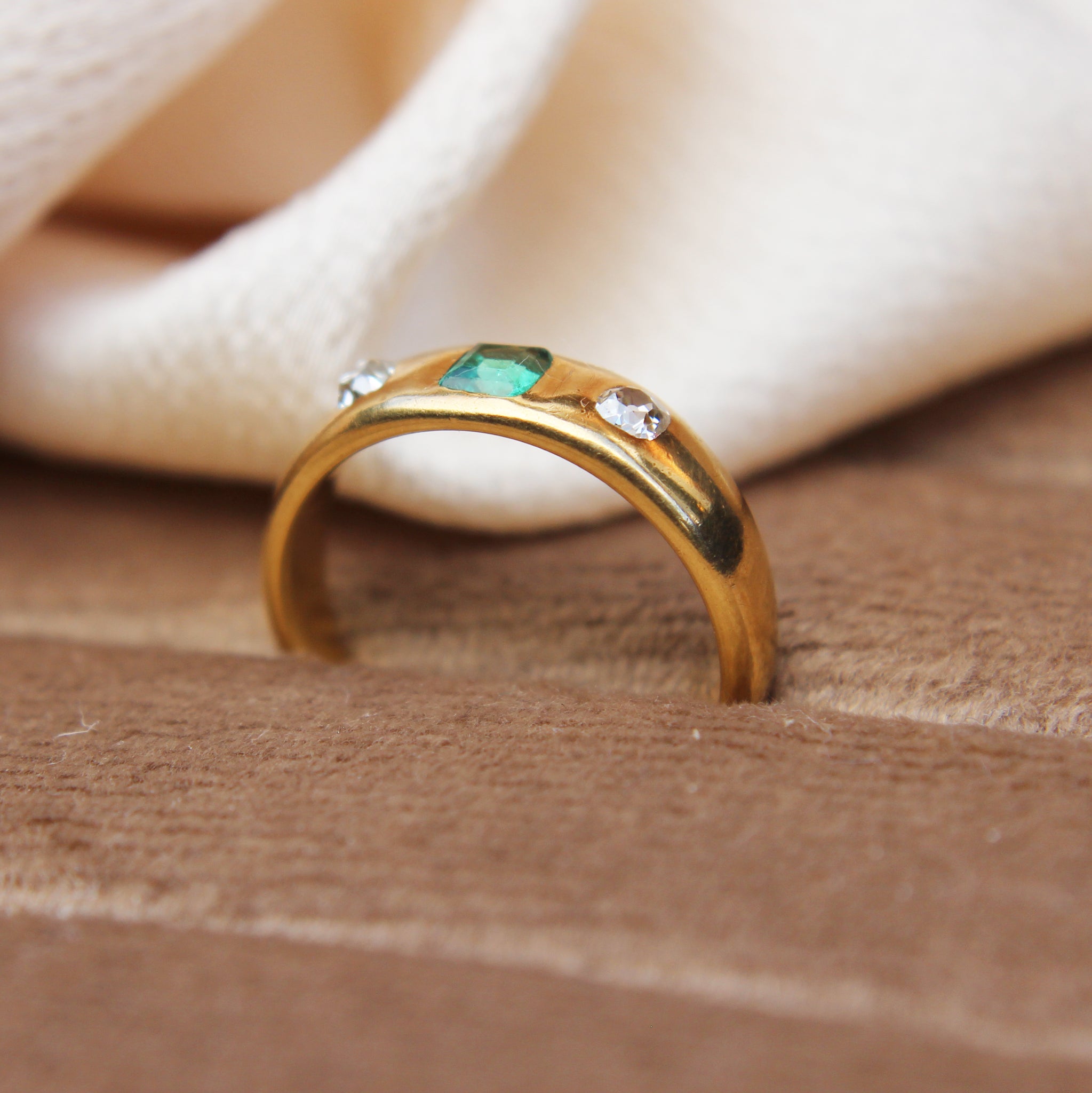 Victorian Colombian Emerald and Diamond Three Stone Ring