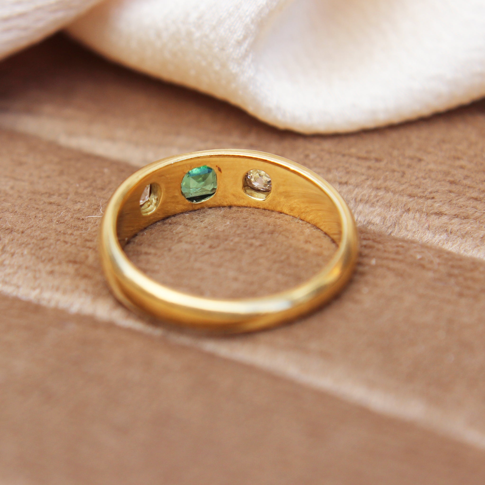Victorian Colombian Emerald and Diamond Three Stone Ring