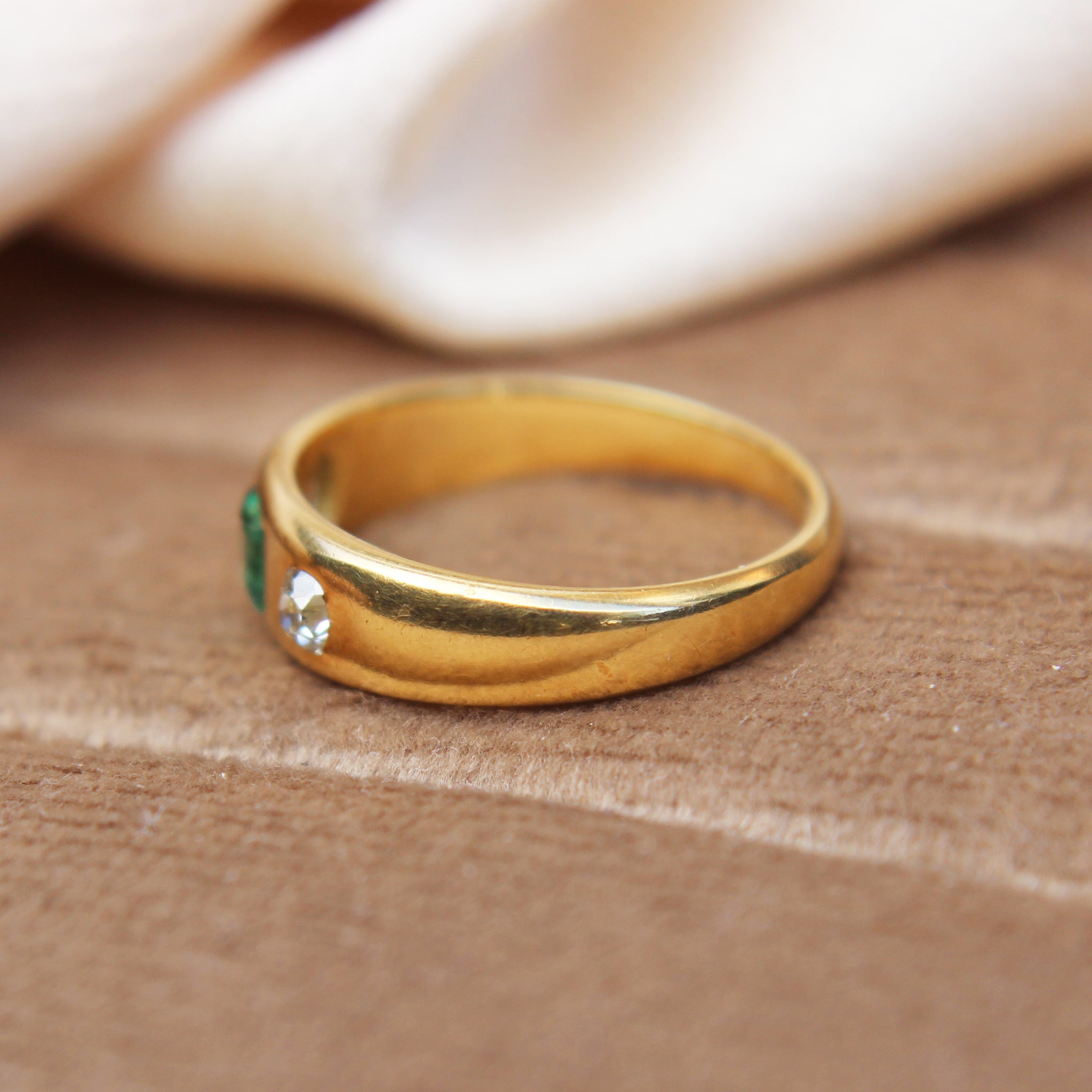 Victorian Colombian Emerald and Diamond Three Stone Ring