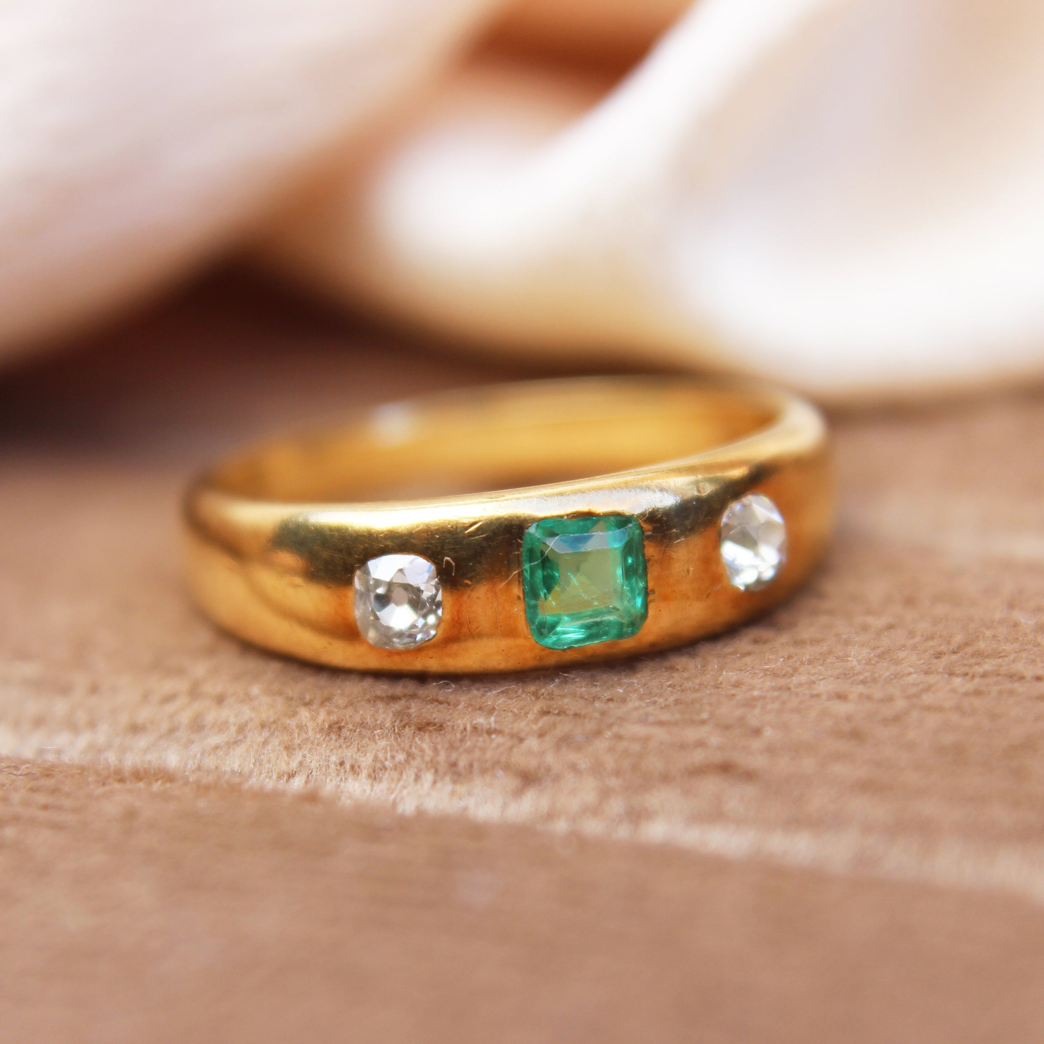 Victorian Colombian Emerald and Diamond Three Stone Ring