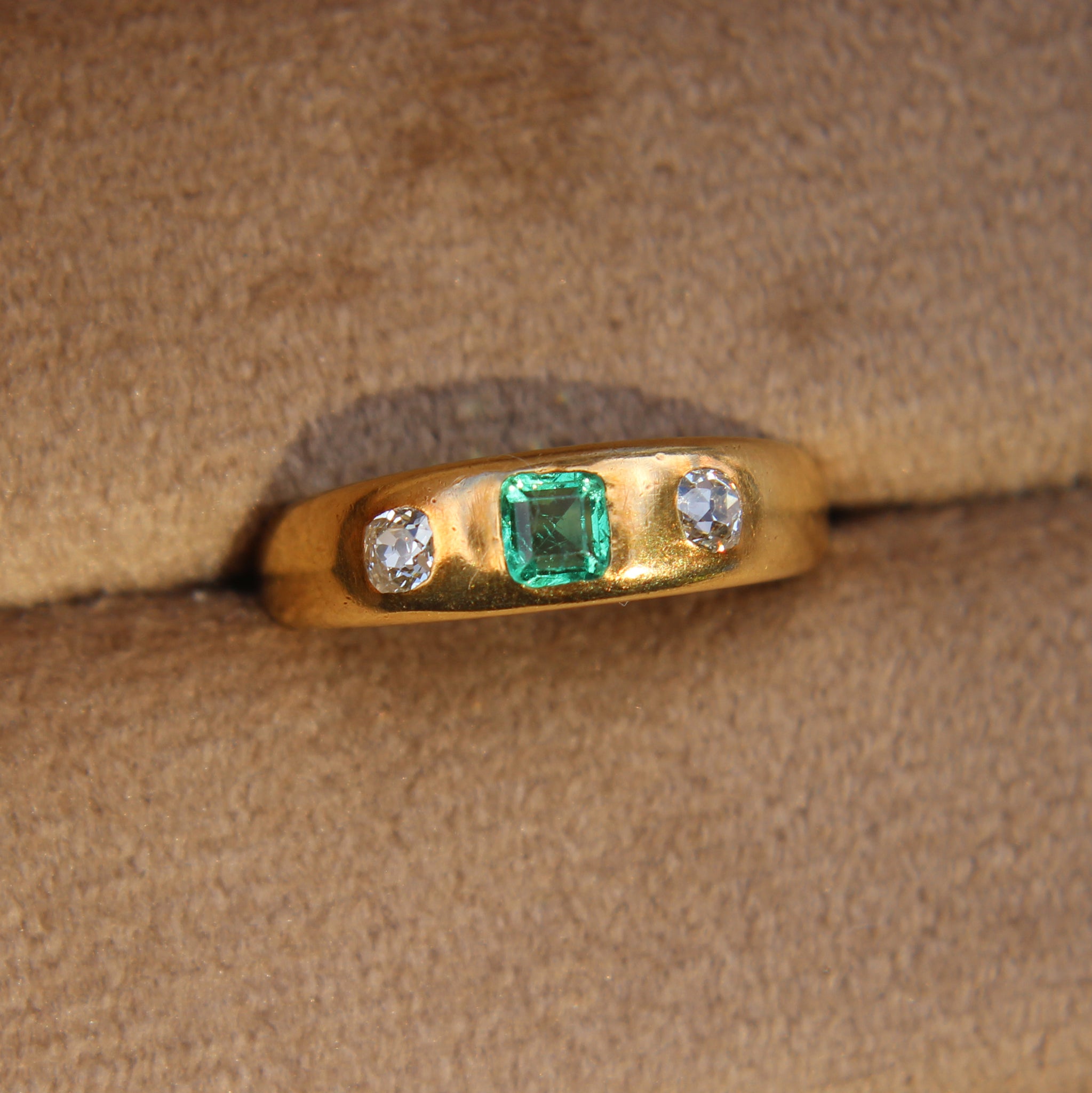 Victorian Colombian Emerald and Diamond Three Stone Ring