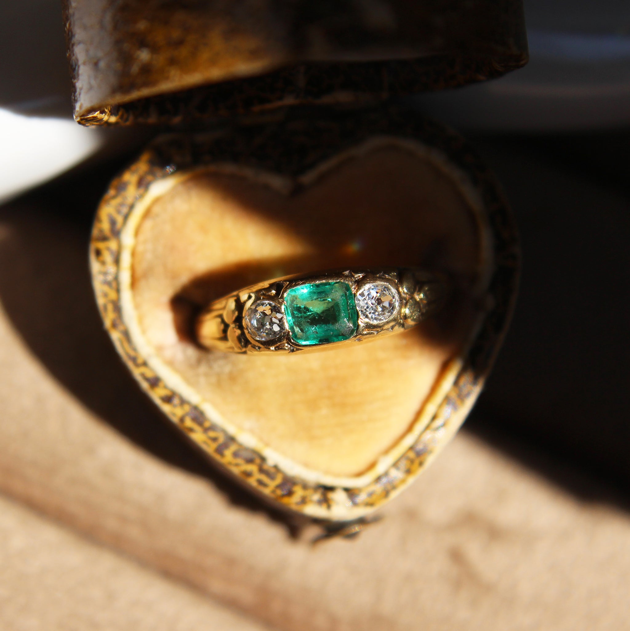 Victorian Emerald and Old Cut Diamond Three Stone Ring