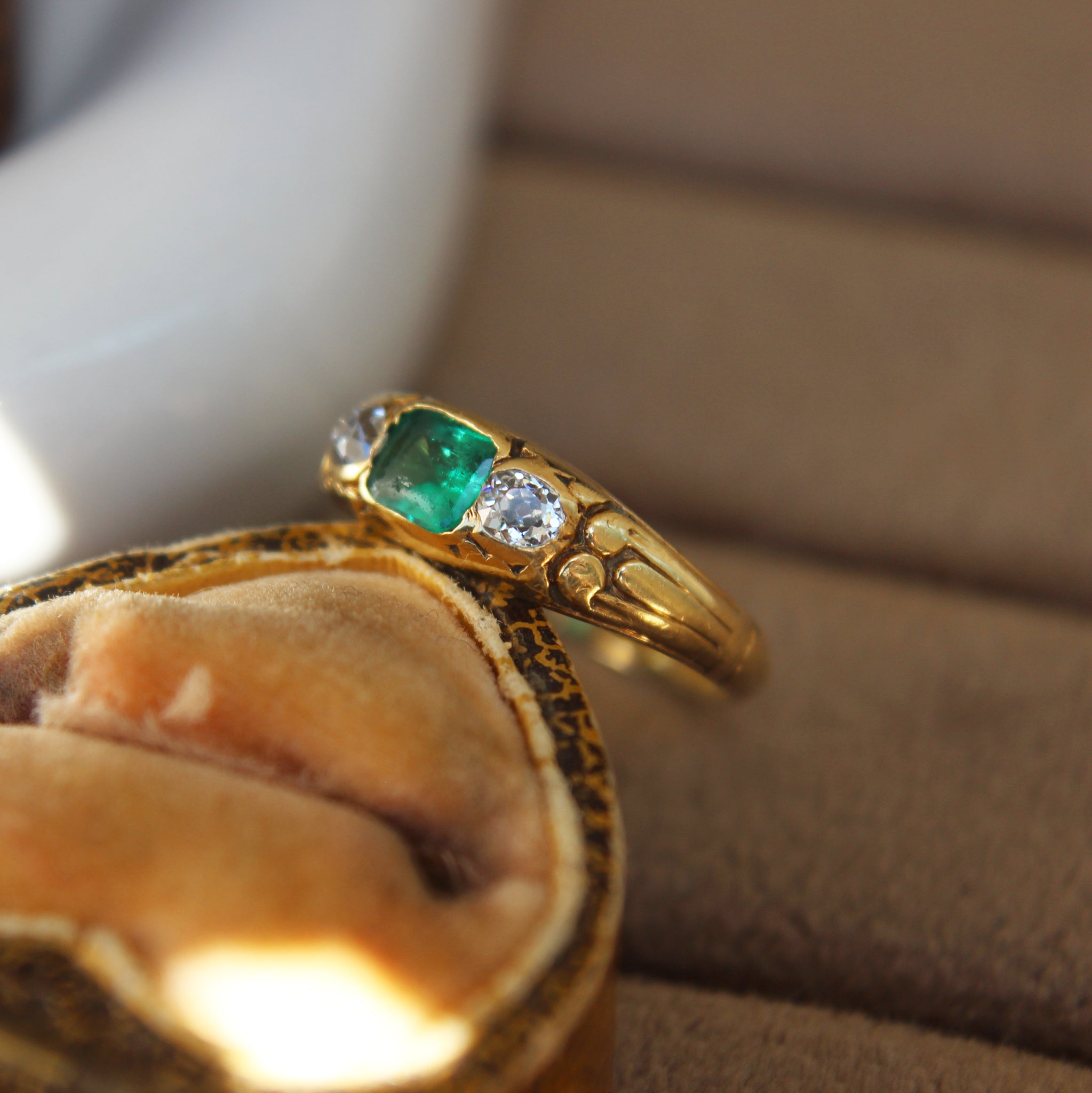 Victorian Emerald and Old Cut Diamond Three Stone Ring