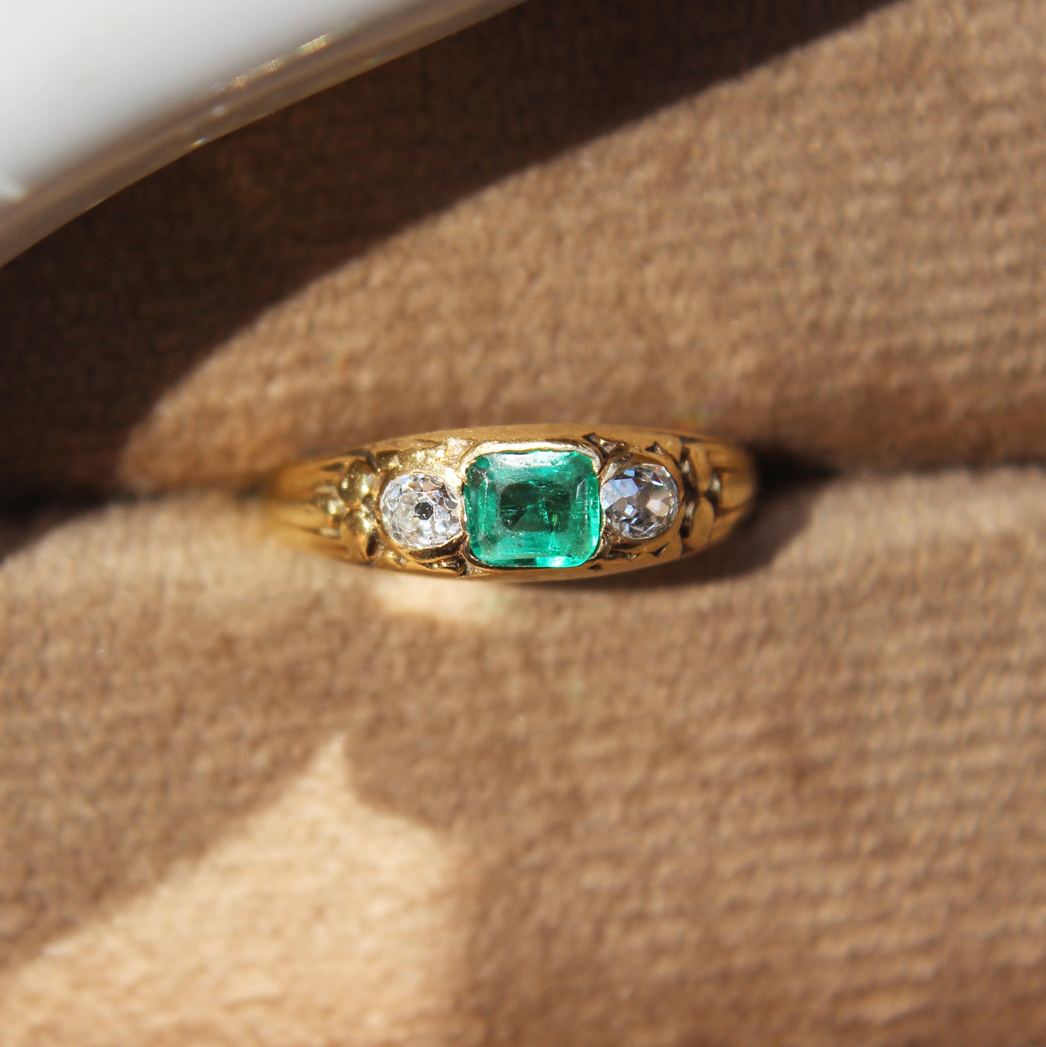 Victorian Emerald and Old Cut Diamond Three Stone Ring