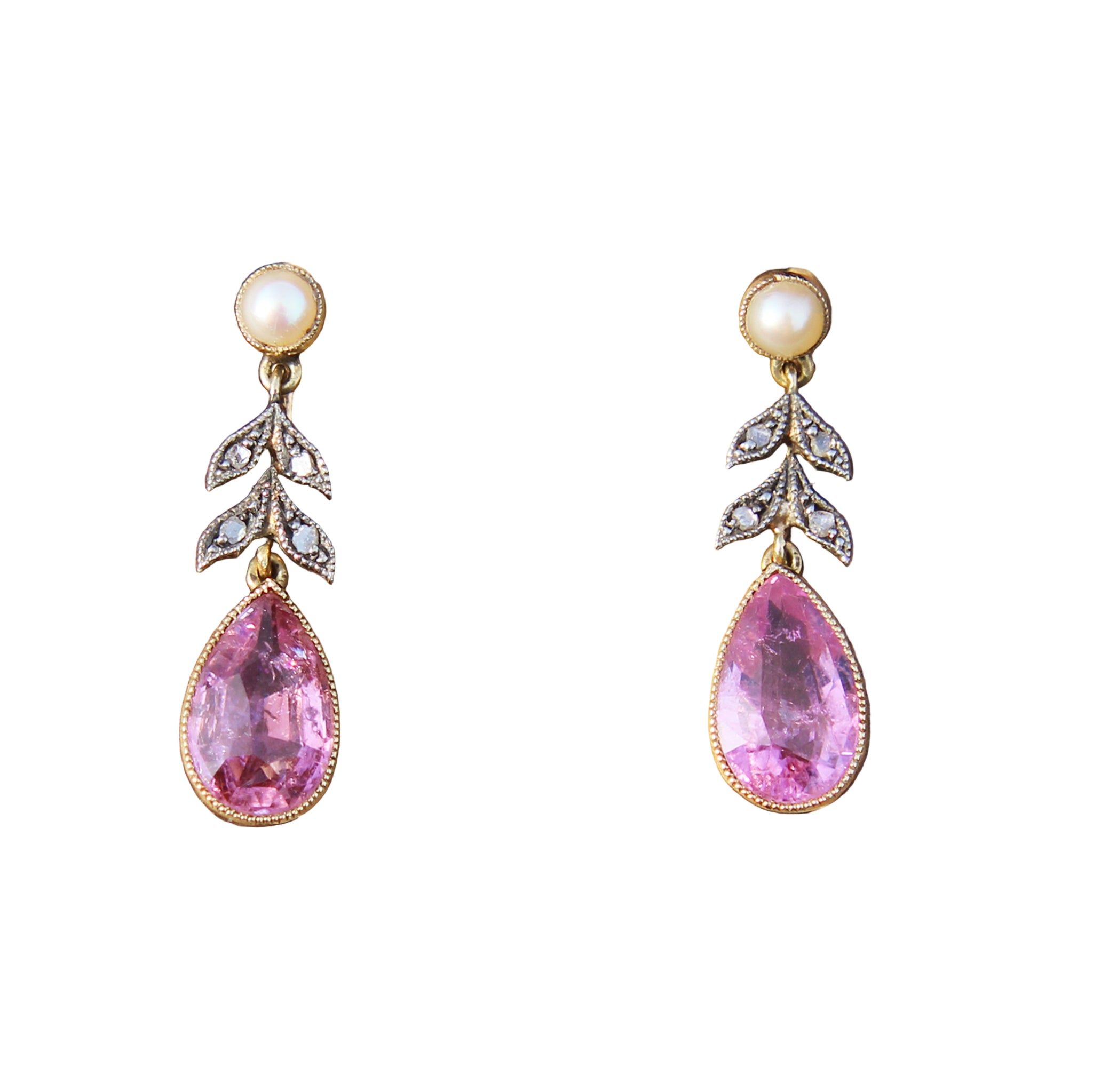 Edwardian Pink Tourmaline, Diamond and Pearl Drop Earrings