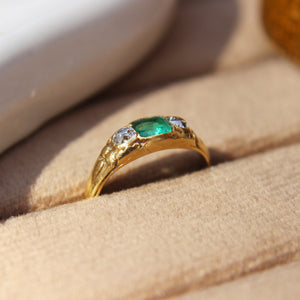 Victorian Emerald and Old Cut Diamond Three Stone Ring