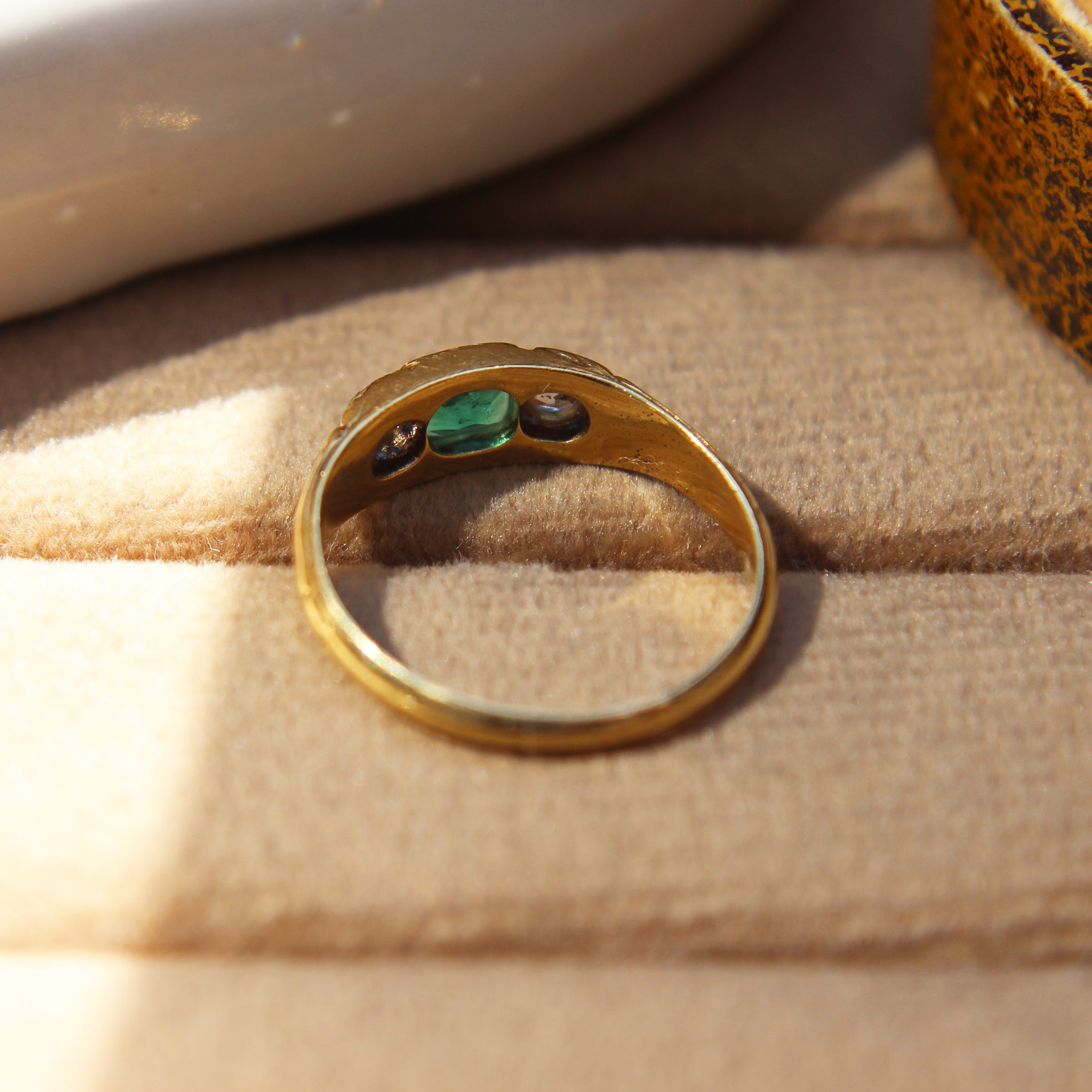 Victorian Emerald and Old Cut Diamond Three Stone Ring