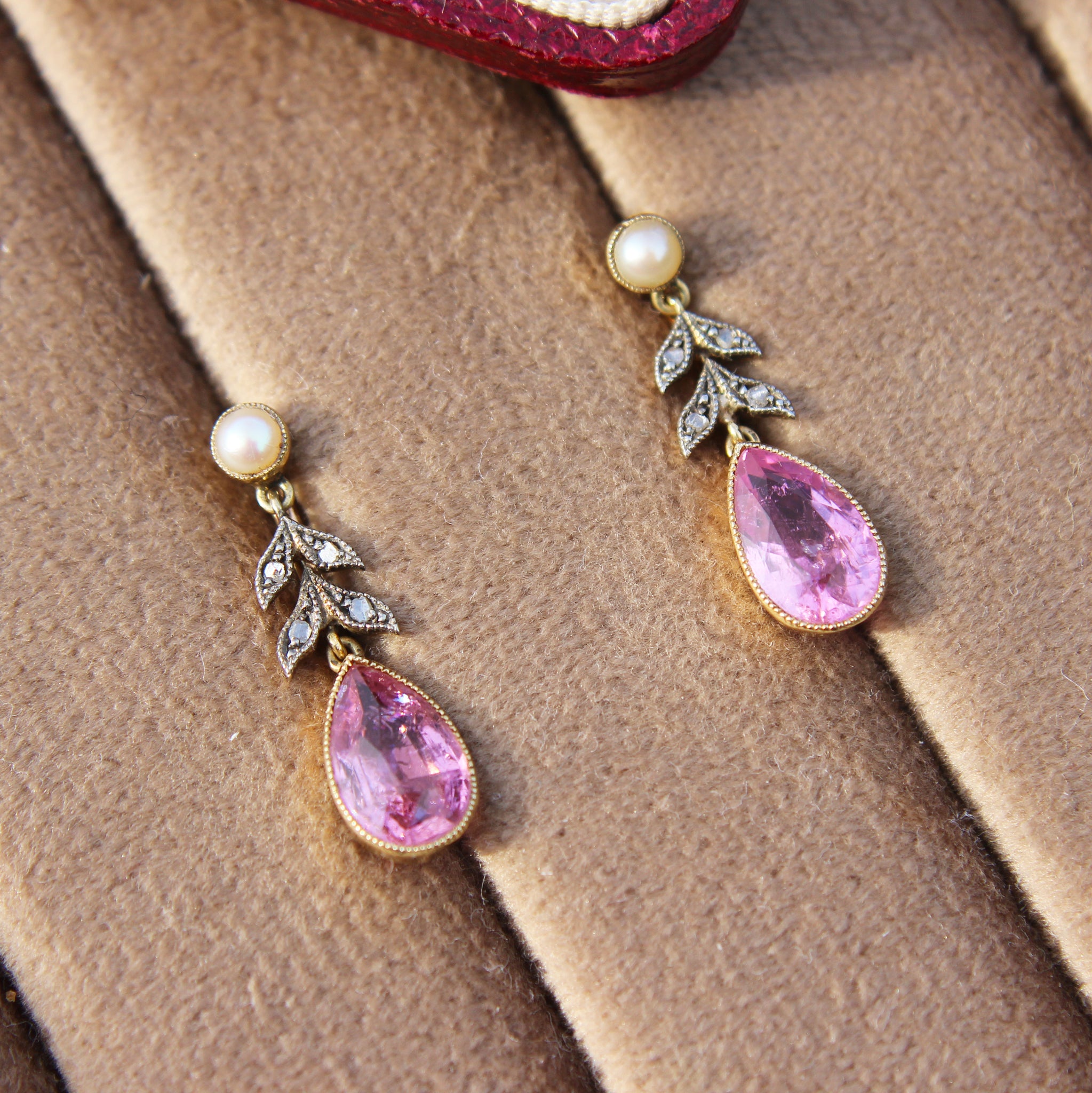 Edwardian Pink Tourmaline, Diamond and Pearl Drop Earrings