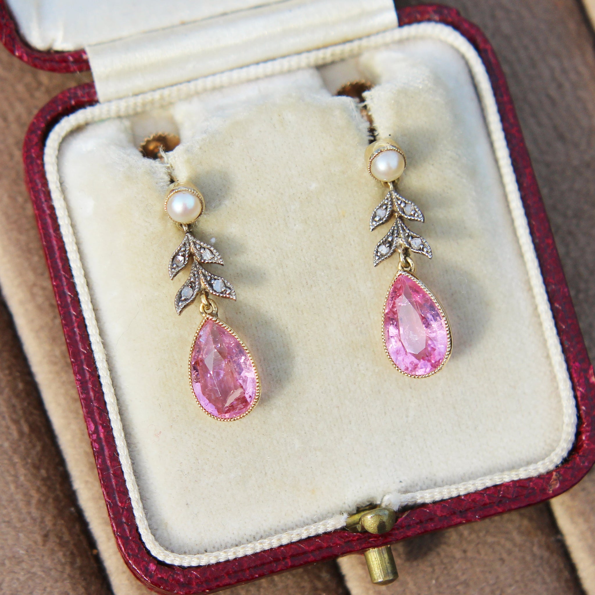 Edwardian Pink Tourmaline, Diamond and Pearl Drop Earrings