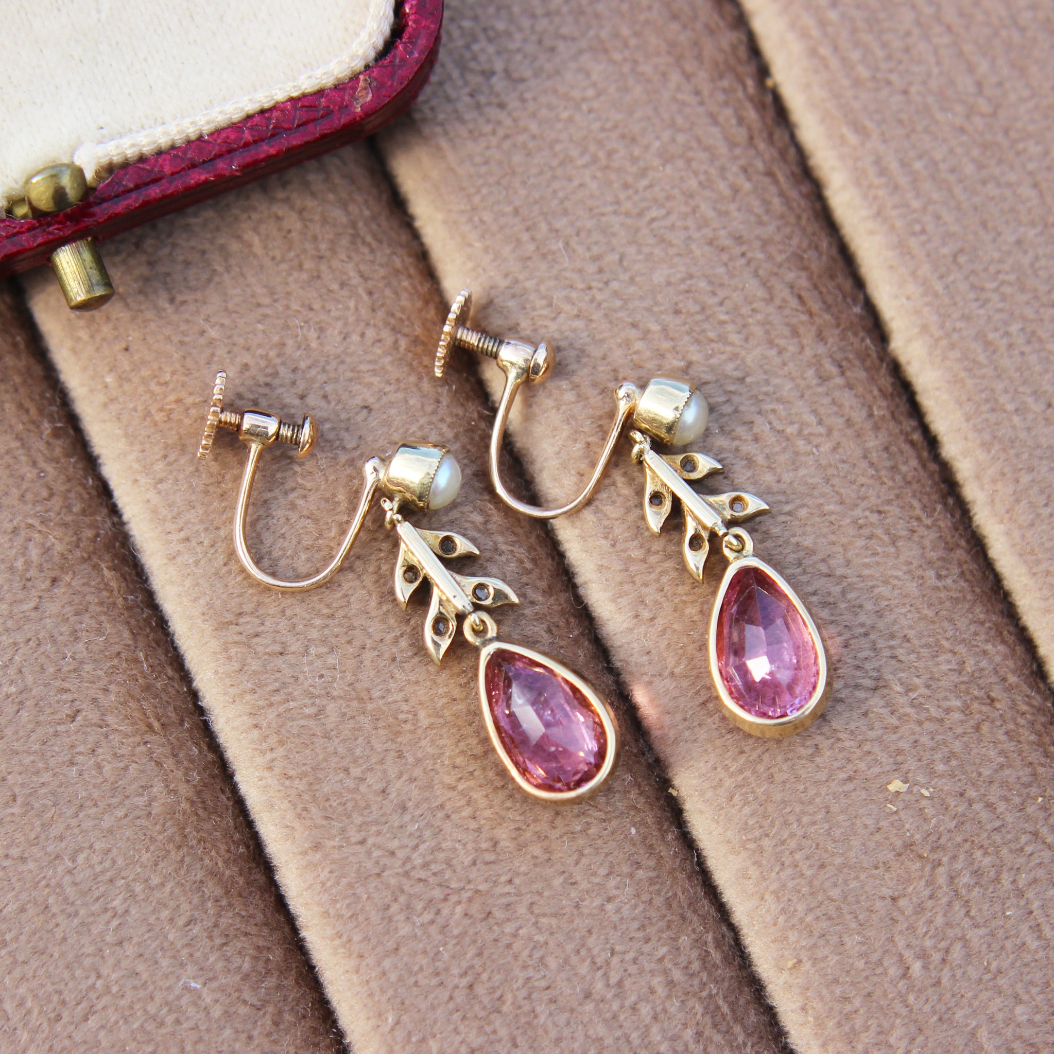 Edwardian Pink Tourmaline, Diamond and Pearl Drop Earrings