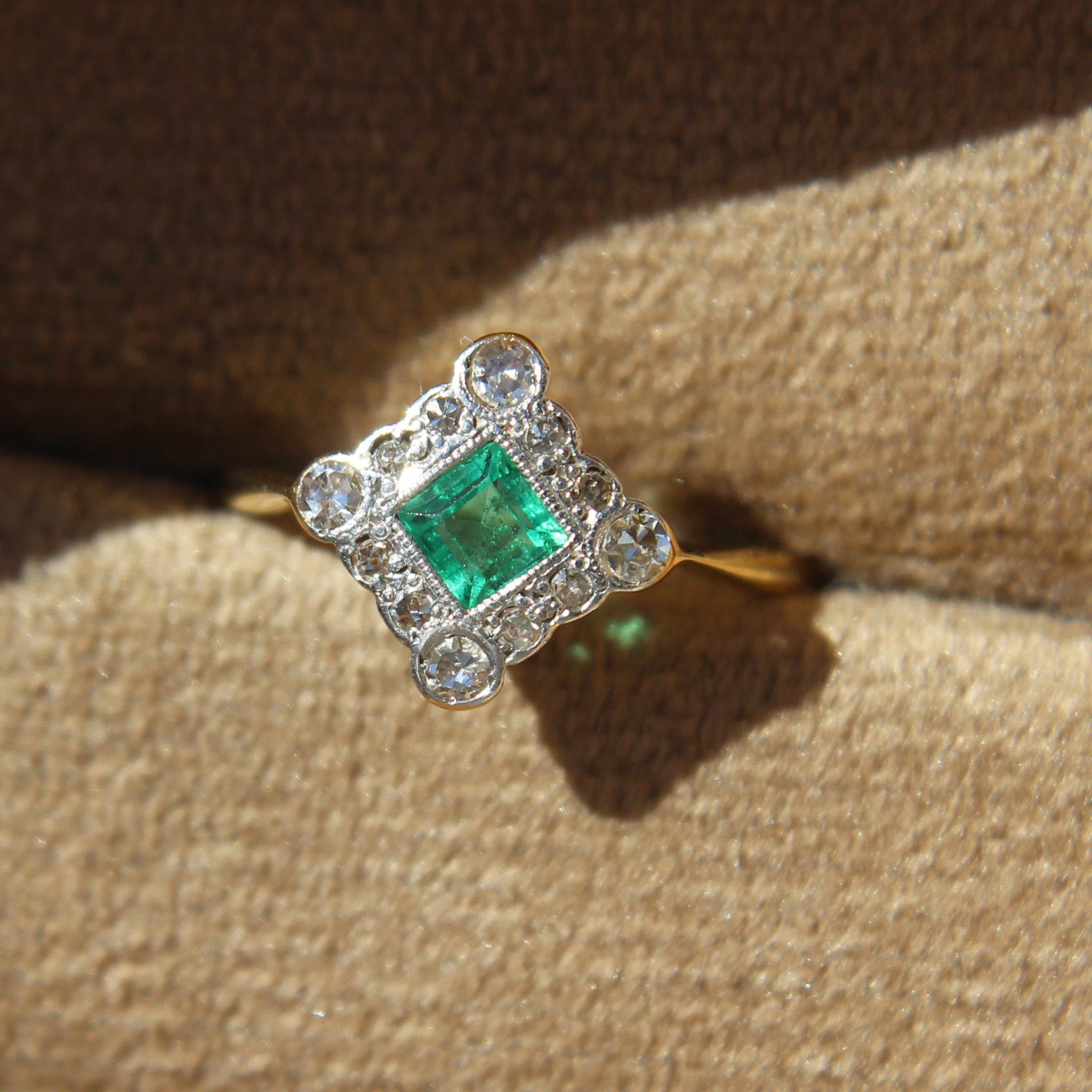 RESERVED Art Deco 1920s Emerald and Diamond Cluster Ring (2/3 instalment)