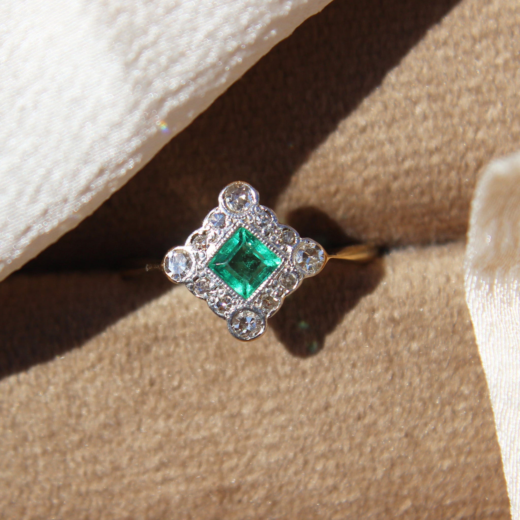 RESERVED Art Deco 1920s Emerald and Diamond Cluster Ring (2/3 instalment)