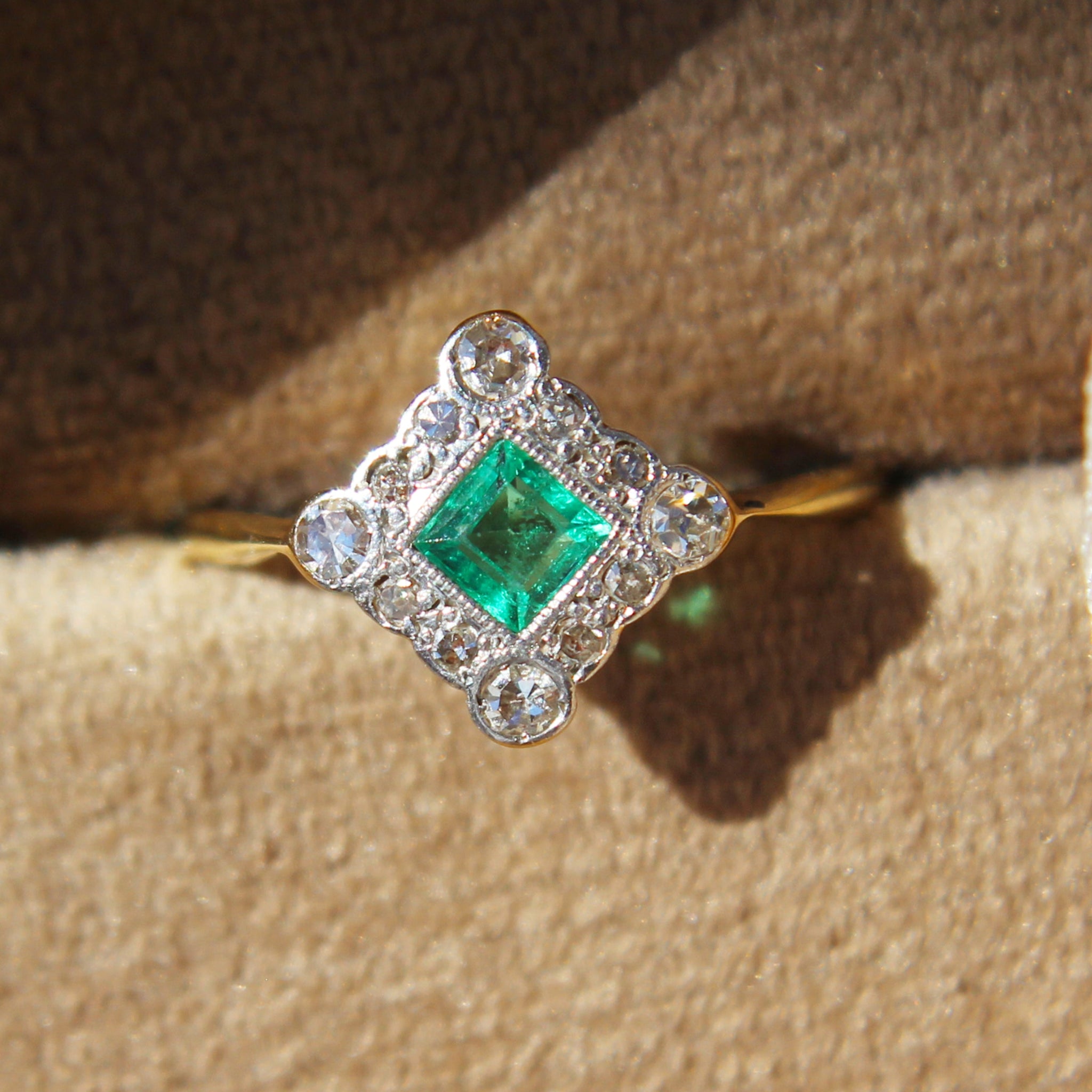RESERVED Art Deco 1920s Emerald and Diamond Cluster Ring (2/3 instalment)