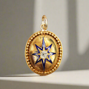 Victorian Blue Enamel and Diamond Starburst Pendant