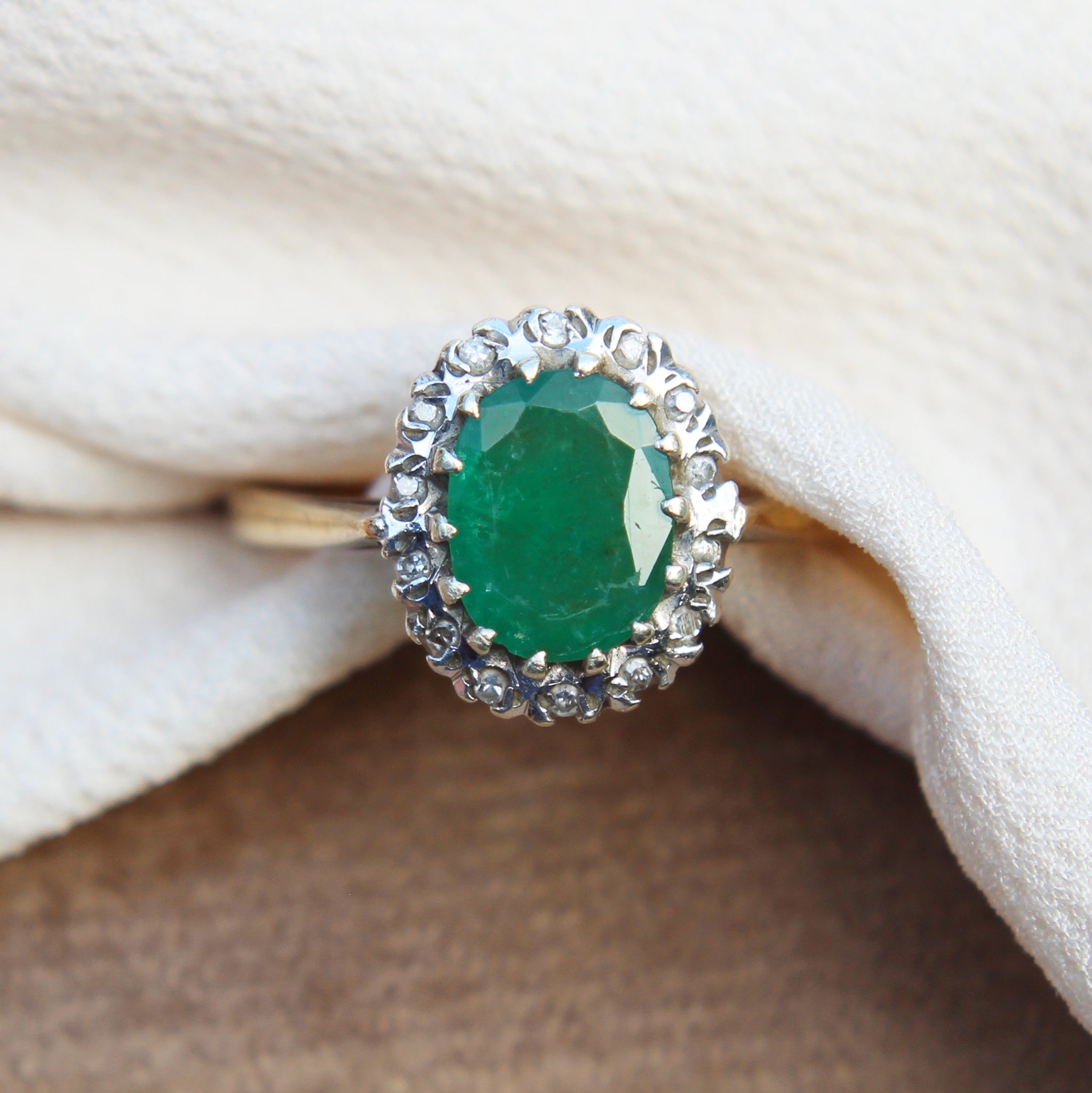 Vintage Emerald and Diamond Cluster Ring
