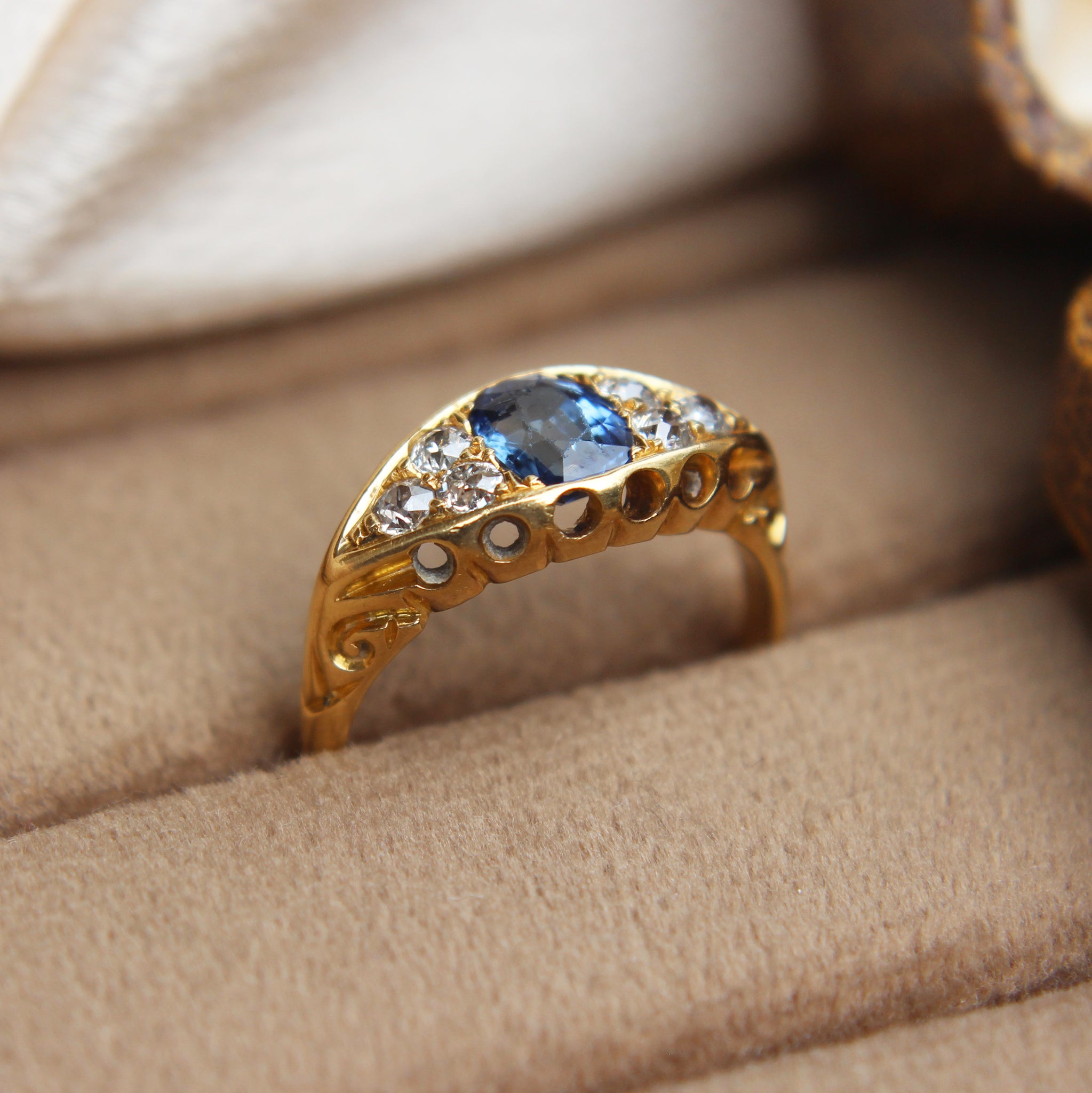 Edwardian Sapphire and Old Cut Diamond Boat Ring