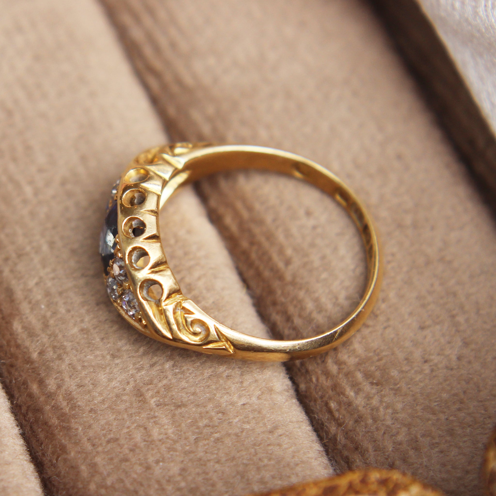 Edwardian Sapphire and Old Cut Diamond Boat Ring